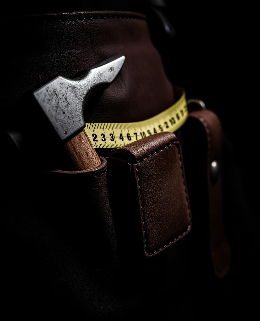 Close-up of a well-worn leather tool belt with hammer and tape measure